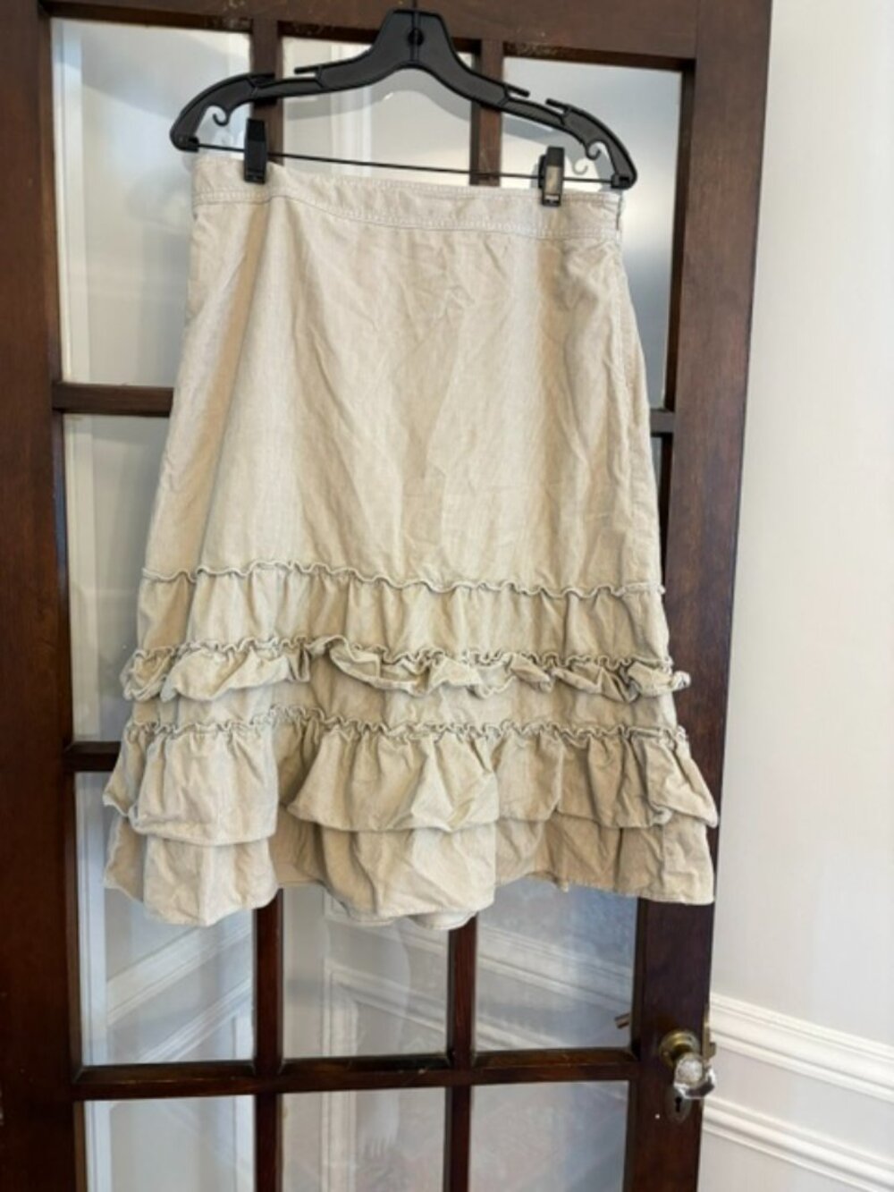 LOFT Vintage Tan Corduroy Midi Skirt with Ruffles, Size 8